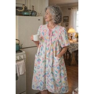 Vtg Smart Time Women's House Dress Vintage Pastel Button Front Pockets Cotton OS